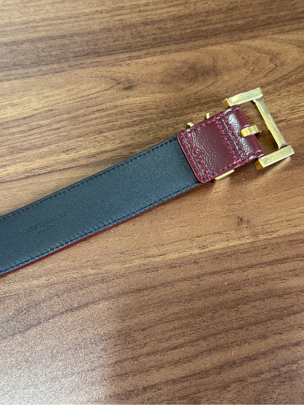 Yves Saint Laurent Burgundy Leather Belt with Gold YSL Buckle - Picture 5 of 13